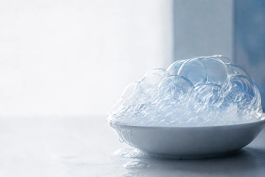 Backlit soap foam in a shallow white dish, a cool blue tint in the film of each bubble.