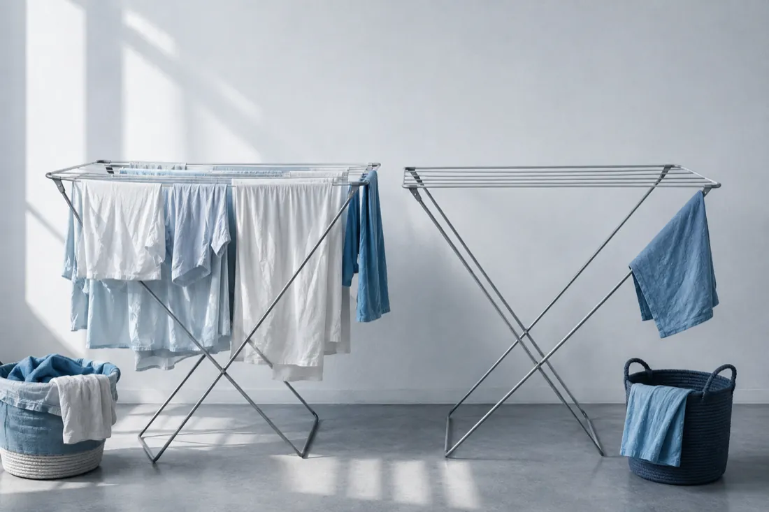Two identical folding airers side by side against a white wall, one nearly full of pale textile and one nearly empty.