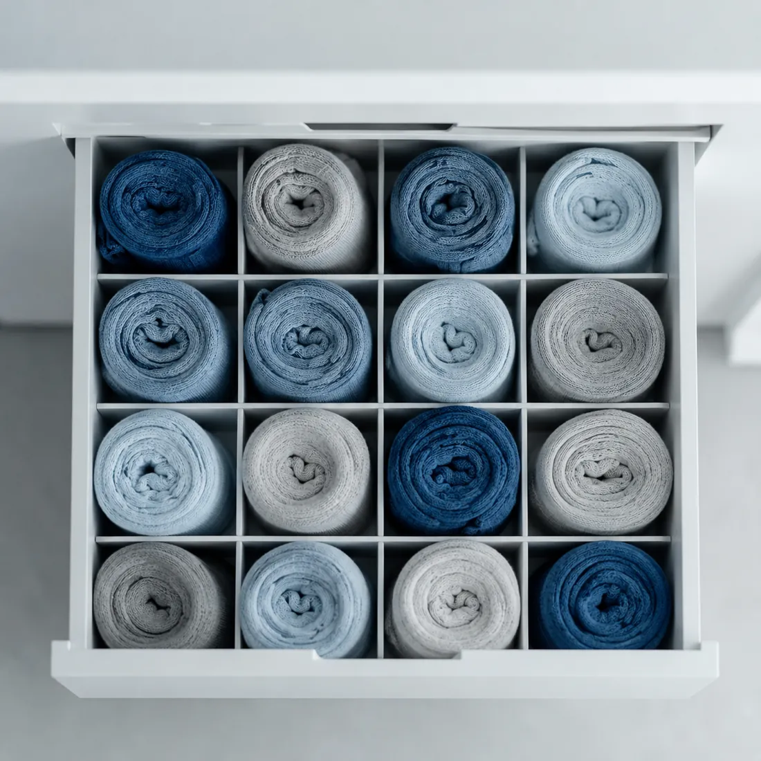 An open drawer seen from above, divided into compartments each holding a rolled pair.