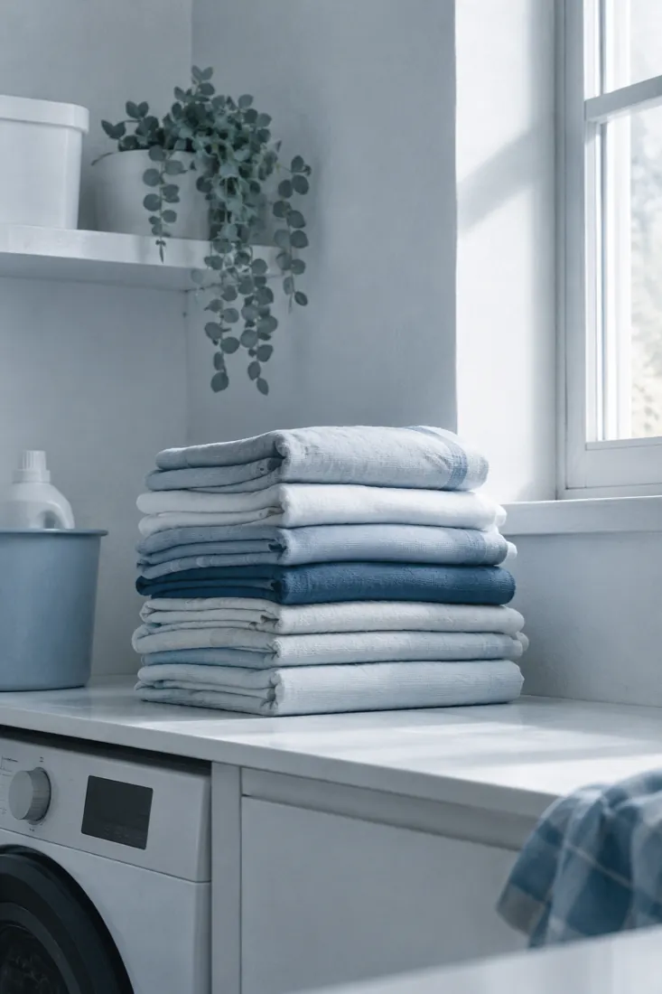A cold white laundry room corner with a tall stack of folded pale textile in window light.