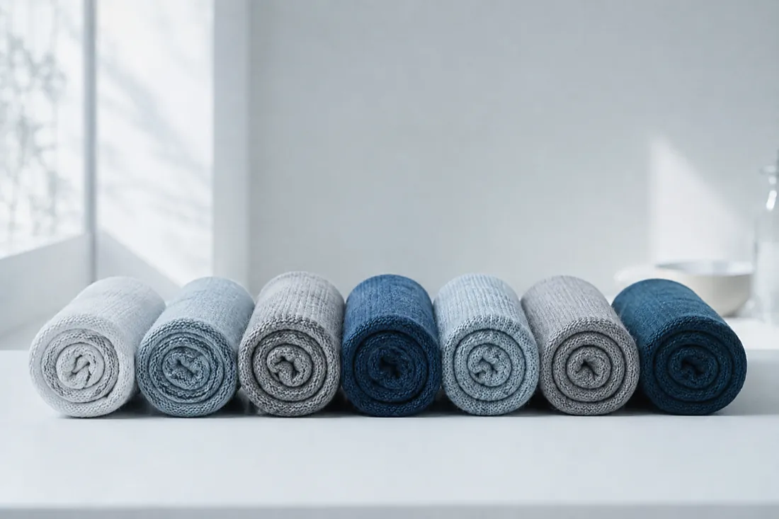 Seven rolled cylinders of pale knitted fabric in a straight evenly spaced row on cold white.